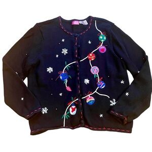 Vtg. CHRISTMAS SWEATER by PAPPAGALLO "L" ornaments in fun colors& snowflakes EUC